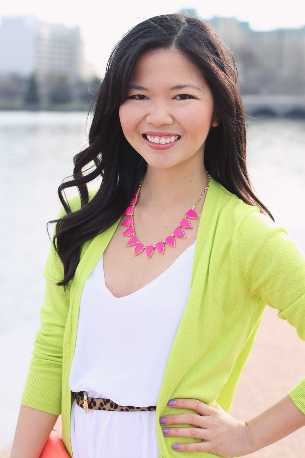 Skirt The Rules Blog; NYC fashion blogger; style blog; spring outfit photo; Tobi white square one spring dress; Gap luxlight vneck cardigan in neon green thumb; BaubleBar pink tab necklace; C. Wonder leopard calf hair belt; J.Crew pave square link bracelet; J.Crew neon rose crossbody bag worn as clutch; Sam Edelman wedges