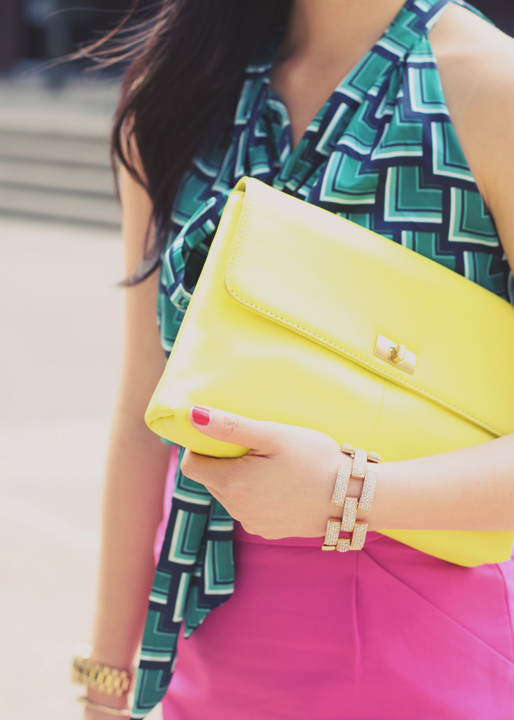 Skirt The Rules Blog; NYC fashion blogger; style blog; spring outfit photos; Banana Republic Factory turquoise print bow blouse; J.Crew Factory Pencil Skirt in Double Serge Cotton; J.Crew Pave Square Link Bracelet; Michael Kors gold mother of pearl boyfriend watch; J.Crew Factory Vero Clutch in neon yellow; J.Crew Mona nude pump