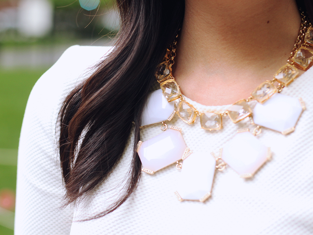 Skirt The Rules Blog; NYC fashion blogger; style blog; spring outfit photo; H&M cream structured shoulder top; Modcloth geometric printed skirt; Tory Burch Robinson satchel tote; Banana Republic sparkle stone statement necklace; C. Wonder crystal gold necklace; C. Wonder snake skinny cuff; Juicy Couture pave pyramid stretch bracelet; J.Crew pave square link bracelet