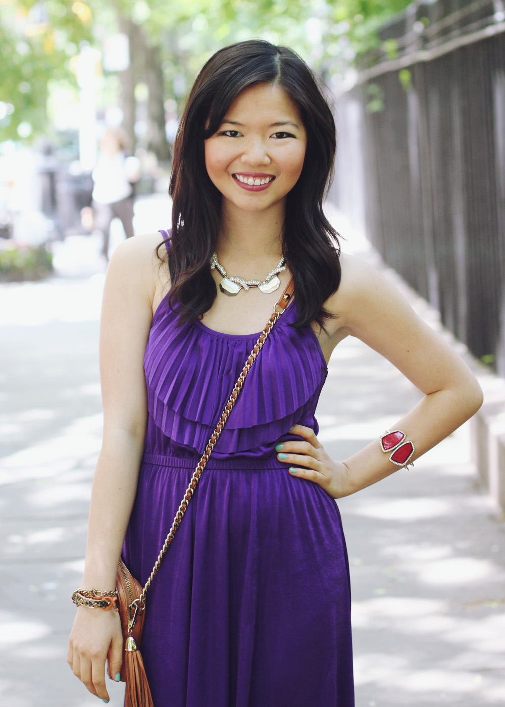 Skirt The Rules Blog; NYC fashion blogger; style blog; summer outfit photo; what to wear at a musical festival; Forever 21 purple maxi dress; BaubleBar bronze geometric necklace; Sequin pave branch necklace; Rebecca Minkoff BF brown crossbody bag; Madewell maroon bracelet; C. Wonder snakeskin skinny cuff; J.Crew orange friendship bracelet; NOLA boutique red bracelet; Target glitter sandals