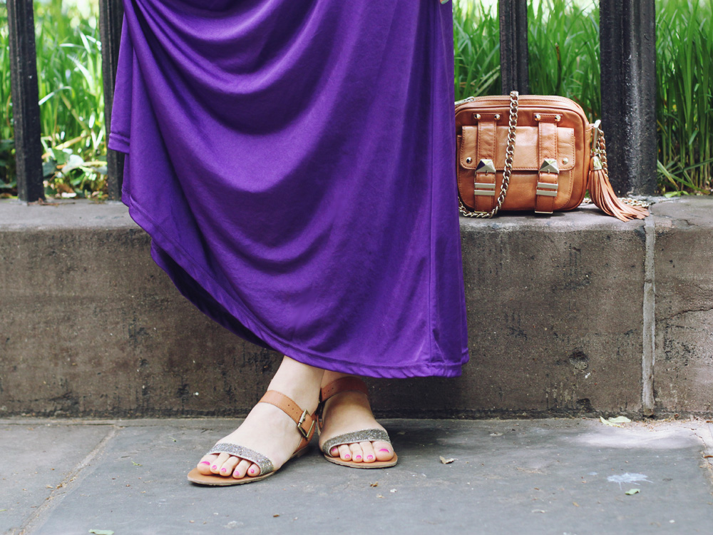 Skirt The Rules Blog; NYC fashion blogger; style blog; summer outfit photo; what to wear at a musical festival; Forever 21 purple maxi dress; BaubleBar bronze geometric necklace; Sequin pave branch necklace; Rebecca Minkoff BF brown crossbody bag; Madewell maroon bracelet; C. Wonder snakeskin skinny cuff; J.Crew orange friendship bracelet; NOLA boutique red bracelet; Target glitter sandals