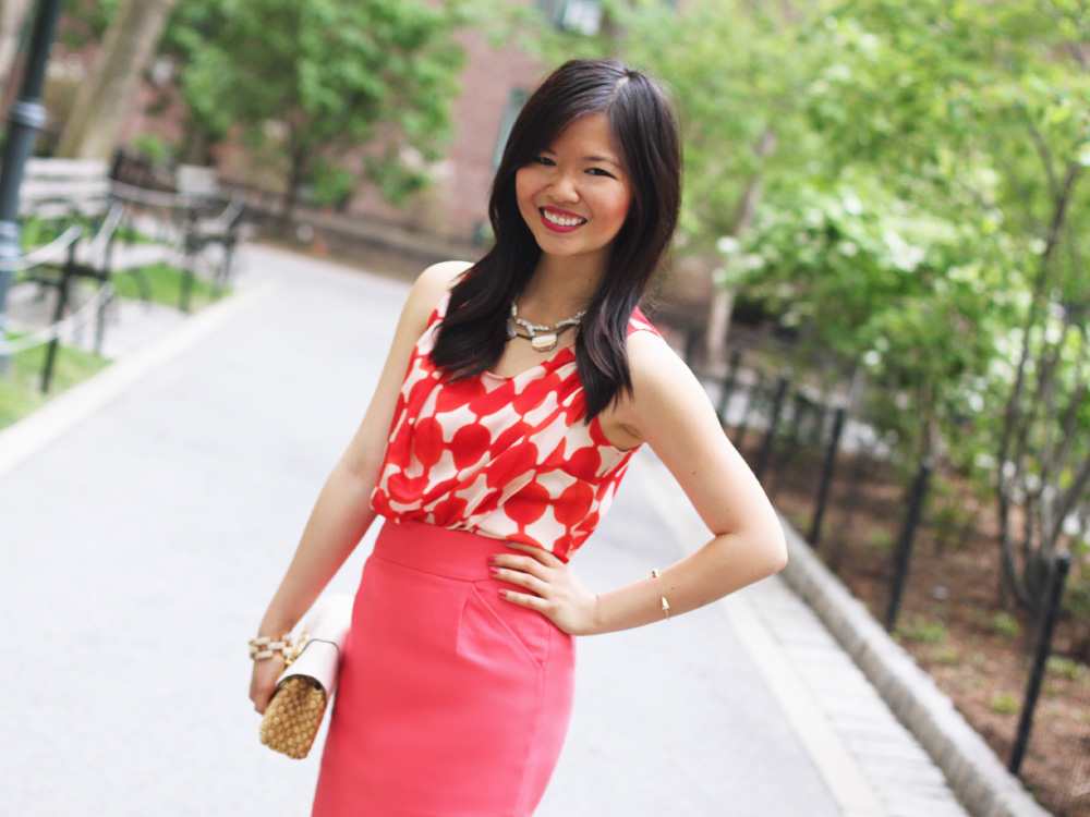Skirt The Rules Blog; NYC fashion blogger; style blog; spring outfit photos; Fashion 4 Ways; Anthropologie orange print blouse; J.Crew Factory neon rose No. 2 Pencil Skirt; BaubleBar bronze geometric necklace; Sequin pave branch necklace; Michael Kors white leather straw clutch; J.Crew pave square link bracelet; Sam Edelman Sophie wedge