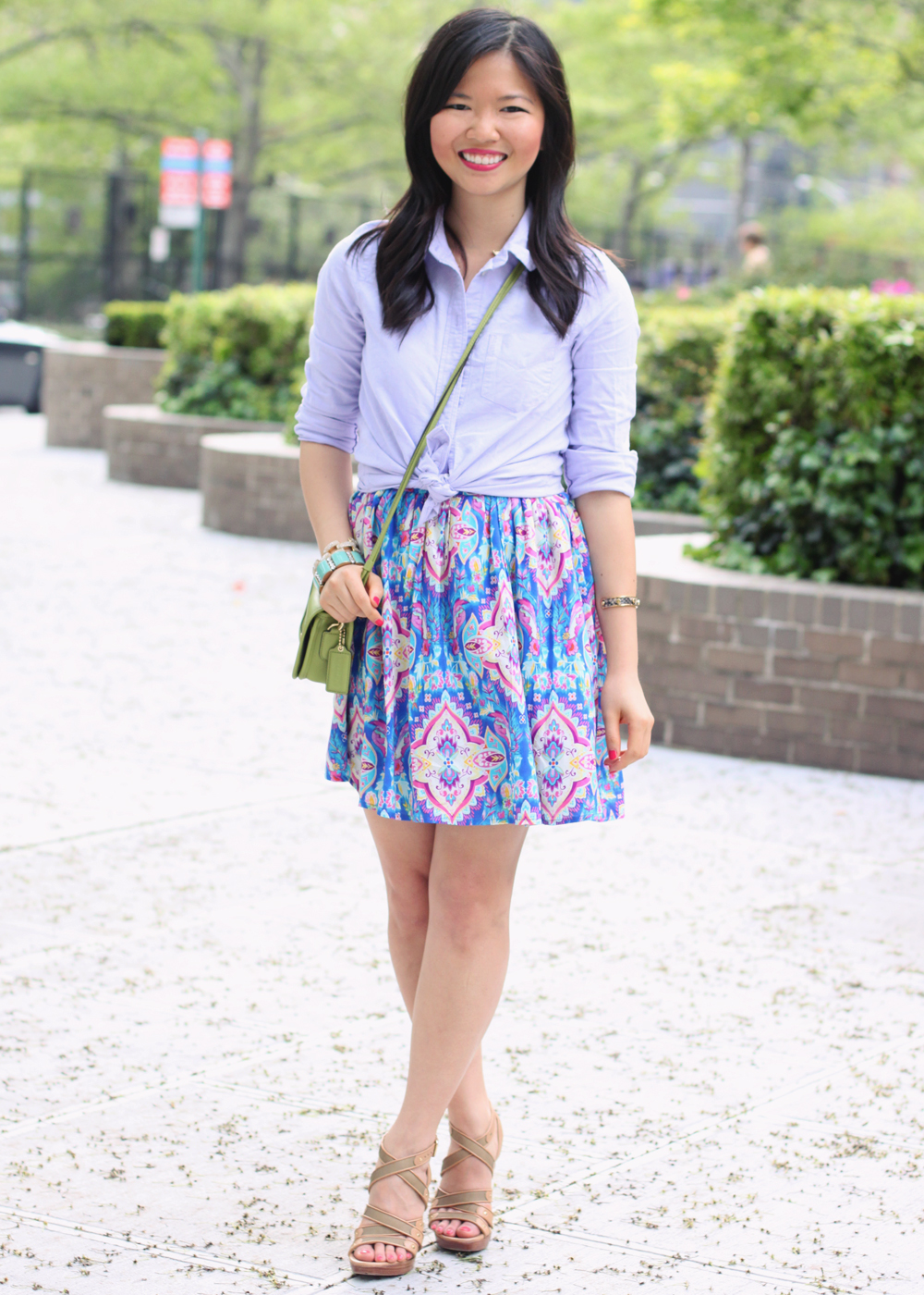 Skirt The Rules Blog; NYC fashion blogger; style blog; spring outfit photos; Madewell lavender chambray button-up shirt; Forever 21 Floral Paisley Dress; Coach Classic Penny cross body bag in lime; J.Crew pave square link bracelet; J.Crew turquoise stretch bracelet; C. Wonder snake skin skinny bangle; Stuart Weitzman nude strappy heels