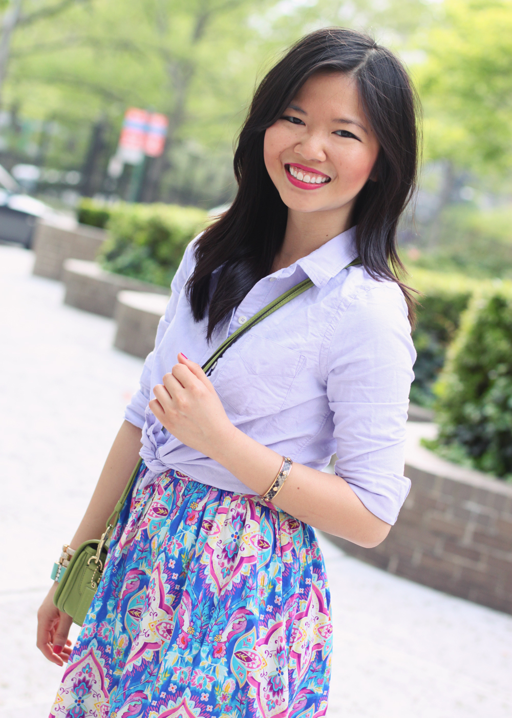 Skirt The Rules Blog; NYC fashion blogger; style blog; spring outfit photos; Madewell lavender chambray button-up shirt; Forever 21 Floral Paisley Dress; Coach Classic Penny cross body bag in lime; J.Crew pave square link bracelet; J.Crew turquoise stretch bracelet; C. Wonder snake skin skinny bangle; Stuart Weitzman nude strappy heels