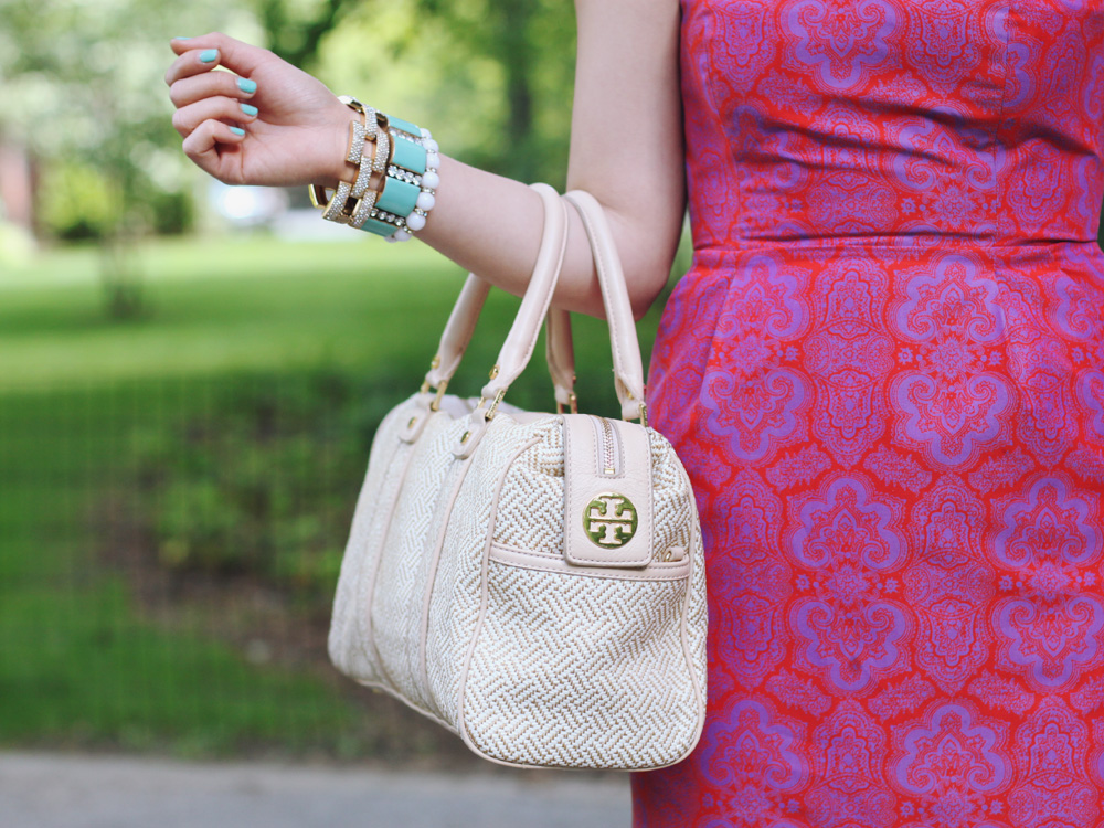 Skirt The Rules Blog; NYC fashion blogger; style blog; summer outfit photos; J.Crew pink paisley dress; Tory Burch straw satchel; Rosegold beige leather cutout heels; CC Skye Maize geometric gold bracelet; J.Crew turquoise stretch bracelet; A Beautiful Heart white bubblegum bracelet; J.Crew pave square link bracelet