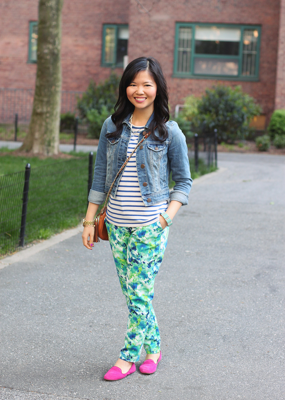 Skirt The Rules Blog; NYC Fashion Blogger; Style Blog; spring outfit photos; StyleMint Broadway striped t-shirt; American Eagle denim jacket; Forever 21 floral pants; Sequin pave branch necklace; Michael Kors gold BF watch; J.Crew turquoise stretch bracelet; Rebecca Minkoff BF crossbody bag; Gap fuschia suede loafers; Essie DJ Play That Song