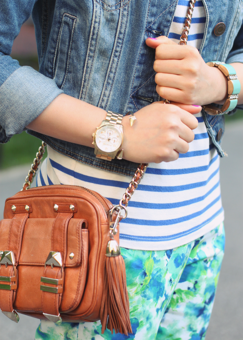 Skirt The Rules Blog; NYC Fashion Blogger; Style Blog; spring outfit photos; StyleMint Broadway striped t-shirt; American Eagle denim jacket; Forever 21 floral pants; Sequin pave branch necklace; Michael Kors gold BF watch; J.Crew turquoise stretch bracelet; Rebecca Minkoff BF crossbody bag; Gap fuschia suede loafers; Essie DJ Play That Song