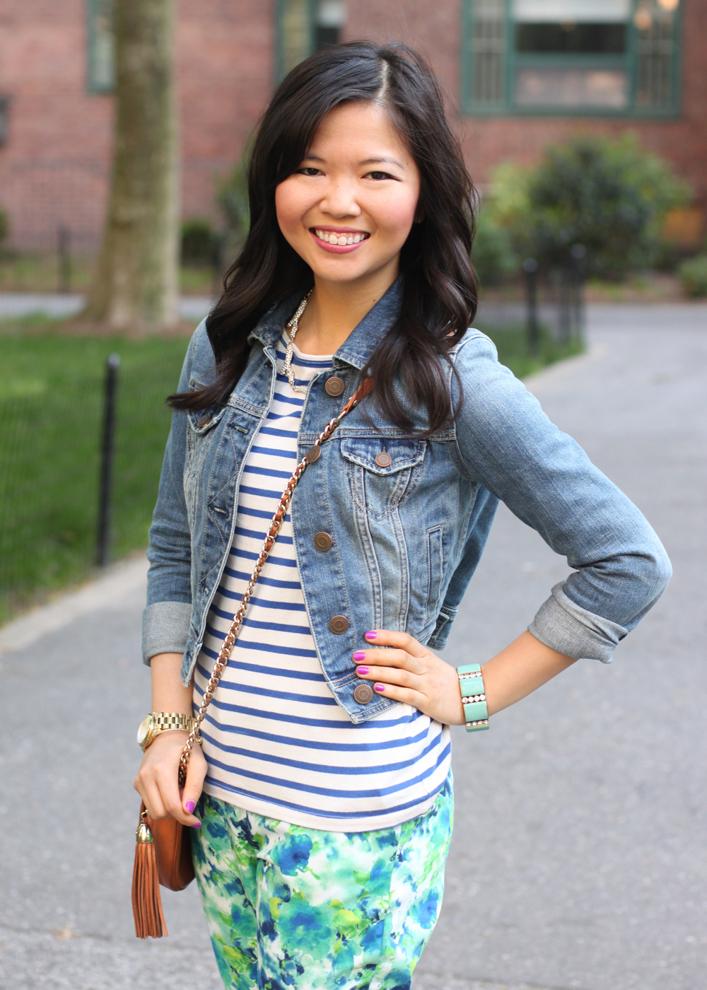 Skirt The Rules Blog; NYC Fashion Blogger; Style Blog; spring outfit photos; StyleMint Broadway striped t-shirt; American Eagle denim jacket; Forever 21 floral pants; Sequin pave branch necklace; Michael Kors gold BF watch; J.Crew turquoise stretch bracelet; Rebecca Minkoff BF crossbody bag; Gap fuschia suede loafers; Essie DJ Play That Song