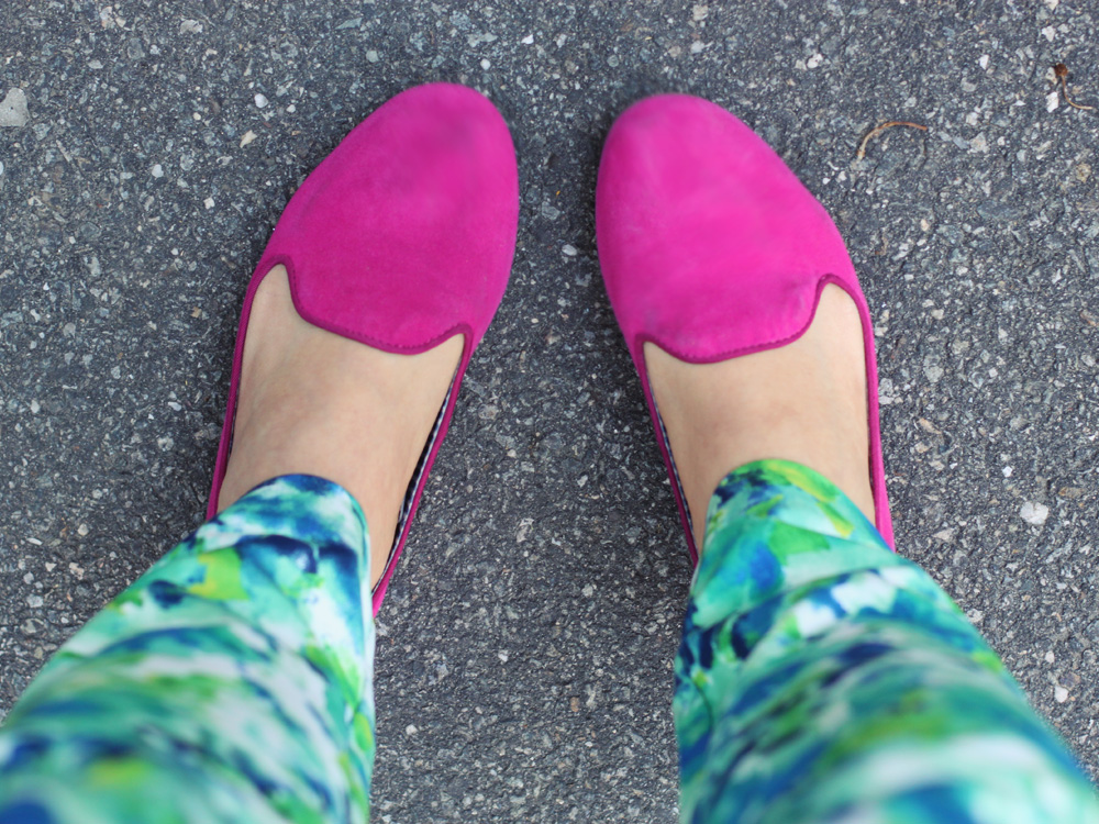 Skirt The Rules Blog; NYC Fashion Blogger; Style Blog; spring outfit photos; StyleMint Broadway striped t-shirt; American Eagle denim jacket; Forever 21 floral pants; Sequin pave branch necklace; Michael Kors gold BF watch; J.Crew turquoise stretch bracelet; Rebecca Minkoff BF crossbody bag; Gap fuschia suede loafers; Essie DJ Play That Song