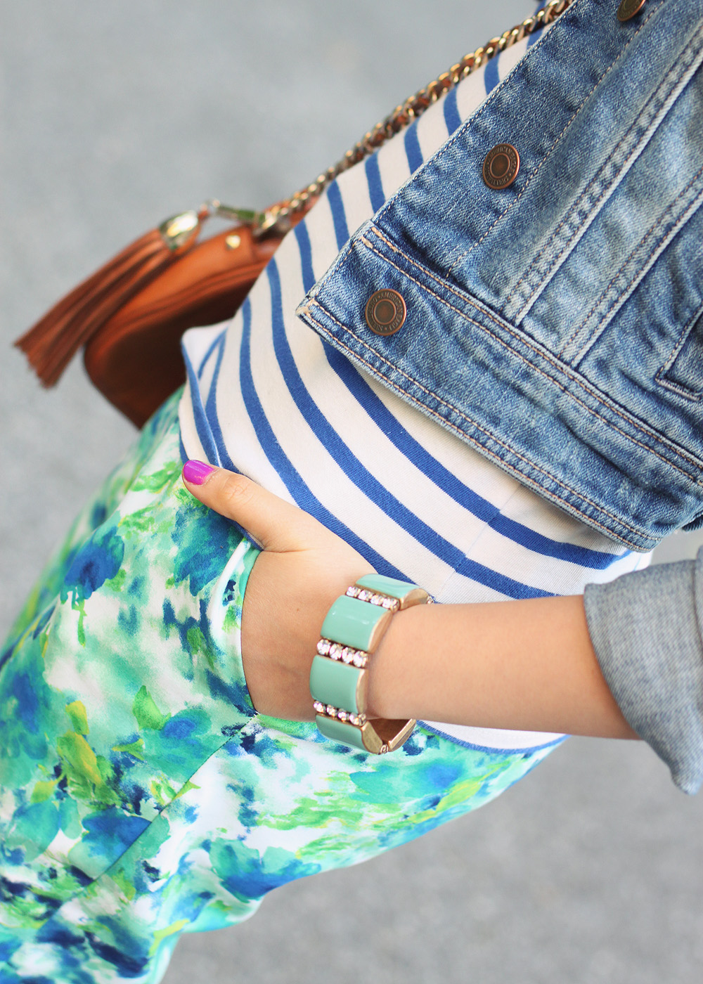 Skirt The Rules Blog; NYC Fashion Blogger; Style Blog; spring outfit photos; StyleMint Broadway striped t-shirt; American Eagle denim jacket; Forever 21 floral pants; Sequin pave branch necklace; Michael Kors gold BF watch; J.Crew turquoise stretch bracelet; Rebecca Minkoff BF crossbody bag; Gap fuschia suede loafers; Essie DJ Play That Song