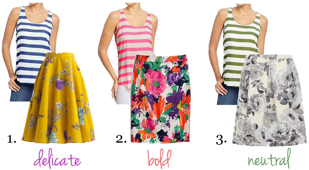 Skirt The Rules Blog; NYC fashion blogger; style blog; spring outfit collages; how to wear striped shirts and floral dresses; Old Navy Lightweight striped tanks; ModCloth Ikebana for All yellow floral skirt; J.Crew Factory floral printed pencil skirt in stretch cotton; Dorothy Perkins gray floral skirt 