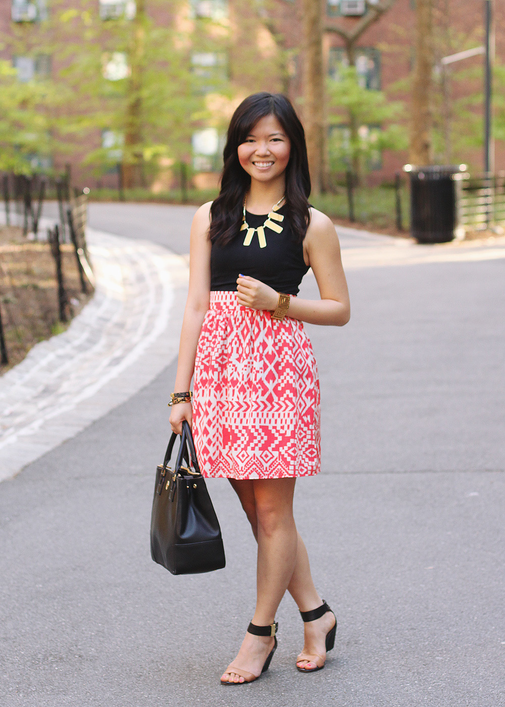 Skirt The Rules Blog; NYC fashion blogger; style blog; spring outfit photo; Topshop sleeveless top; tribal print skirt; rectangular yellow necklace; Juicy Couture pave bracelet; Essie cobalt blue Butler Please nail polish; Tory Burch Robinson satchel tote; CC Skye geometric gold bracelet; Sam Edelman black and brown colorblock wedge