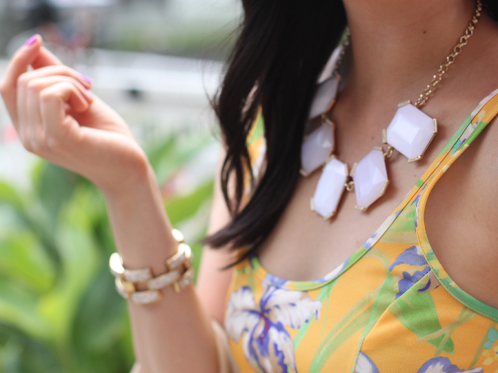 Skirt The Rules Blog; NYC fashion blogger; style blog; summer outfit photo; what to wear to a derby or horse race; Zara TRF neon yellow floral print dress; Joe Fresh orange floppy hat; Banana Republic sparkle stone white statement necklace; Tory Burch straw satchel handbag; J.Crew pave square link bracelet; Sam Edelman Sophie colorblock wedge; Essie DJ Play That Song neon purple nail polish