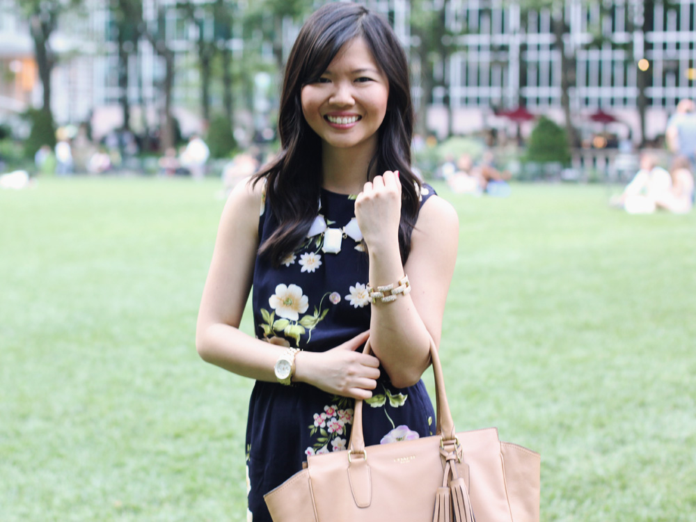Skirt The Rules Blog; NYC fashion blogger; style blog; summer outfit photo; Urban Outfitters floral backless scalloped dress; Banana Republic sparkle stone statement necklace; Coach Candace carryall tote in camel; Michael Kors gold boyfriend watch; J.Crew pave square link bracelet; Sam Edelman Sophie colorblock wedge