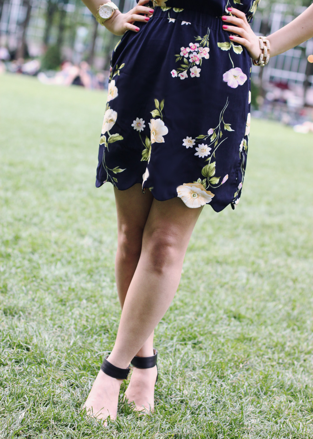 Skirt The Rules Blog; NYC fashion blogger; style blog; summer outfit photo; Urban Outfitters floral backless scalloped dress; Banana Republic sparkle stone statement necklace; Coach Candace carryall tote in camel; Michael Kors gold boyfriend watch; J.Crew pave square link bracelet; Sam Edelman Sophie colorblock wedge