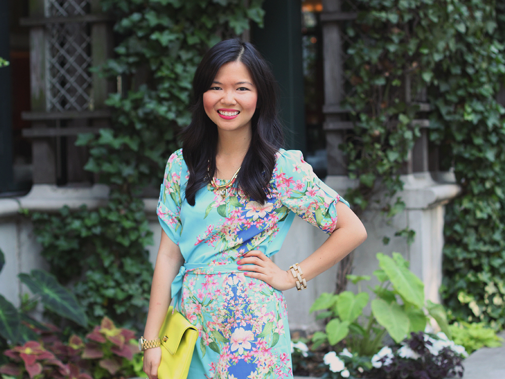 Skirt The Rules Blog; NYC fashion blogger; style blog; summer outfit photo; Hello Glam Garden Party floral dress; Courtney Kerr x BaubleBar Cerise Arrowhead Collar Necklace; J.Crew Factory Vero Neon Yellow Clutch; J.Crew pave square link bracelet; Brighthouse Bauble gold bow ring; Sam Edelman Sophie coral cream colorblock wedge; Michael Kors gold BF watch