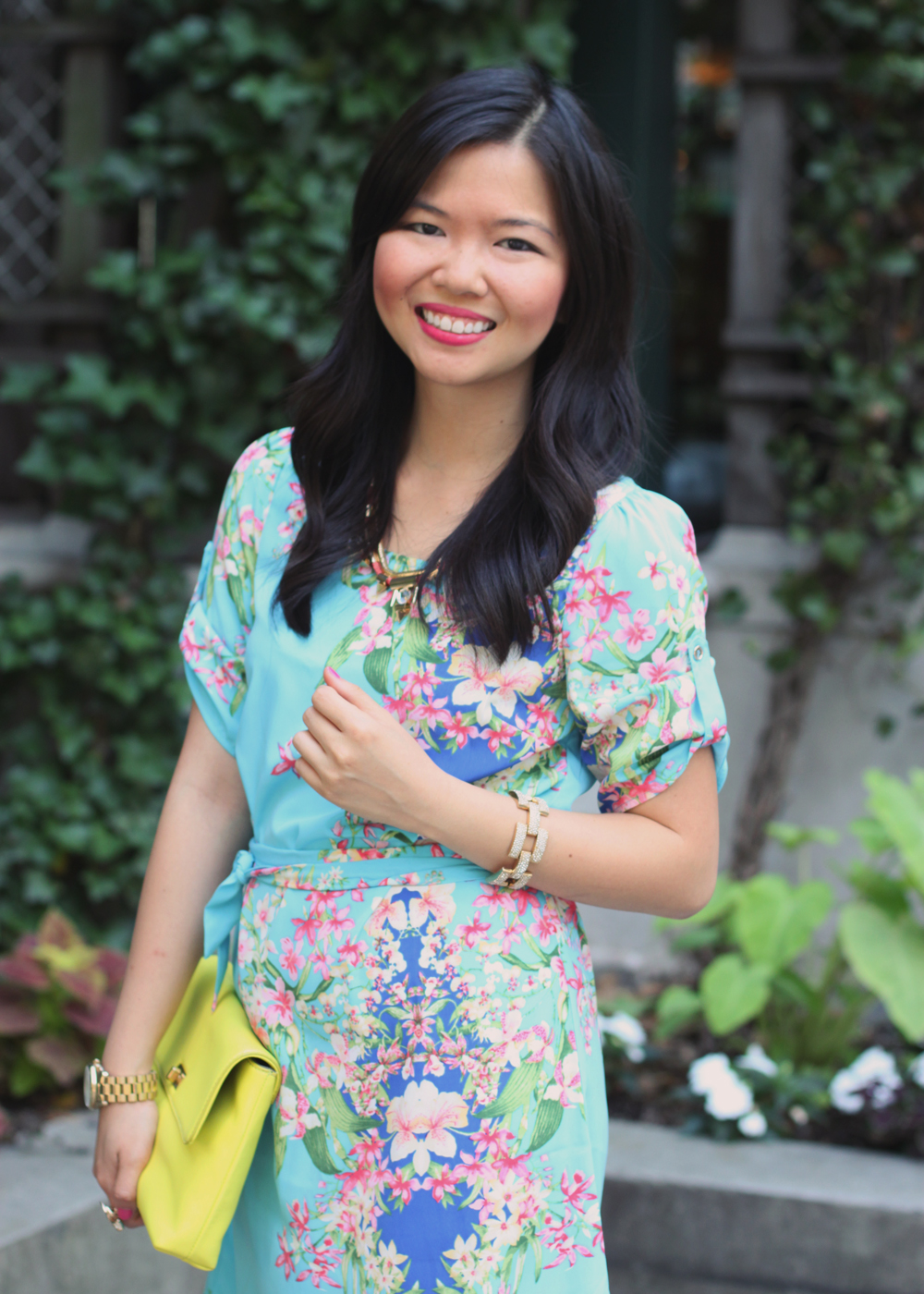 Skirt The Rules Blog; NYC fashion blogger; style blog; summer outfit photo; Hello Glam Garden Party floral dress; Courtney Kerr x BaubleBar Cerise Arrowhead Collar Necklace; J.Crew Factory Vero Neon Yellow Clutch; J.Crew pave square link bracelet; Brighthouse Bauble gold bow ring; Sam Edelman Sophie coral cream colorblock wedge; Michael Kors gold BF watch