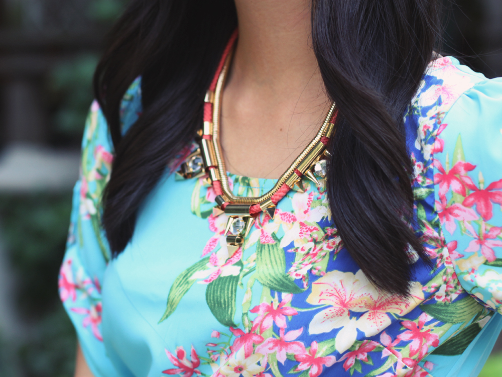 Skirt The Rules Blog; NYC fashion blogger; style blog; summer outfit photo; Hello Glam Garden Party floral dress; Courtney Kerr x BaubleBar Cerise Arrowhead Collar Necklace; J.Crew Factory Vero Neon Yellow Clutch; J.Crew pave square link bracelet; Brighthouse Bauble gold bow ring; Sam Edelman Sophie coral cream colorblock wedge; Michael Kors gold BF watch