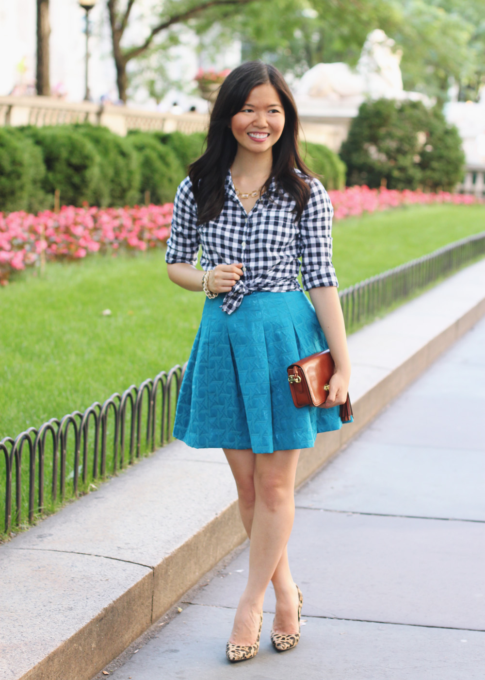 Skirt The Rules Blog; NYC fashion blogger; style blog; summer outfit photos; J.Crew Factory gingham button-up shirt; Kirna Zabete x Target turquoise skirt; C. Wonder crystal necklace; C. Wonder snakeskin skinny bangle; Brighthouse Baubles gold link bracelet; Coach Legacy brown crossbody bag; Diane von Furstenberg April leopard heels