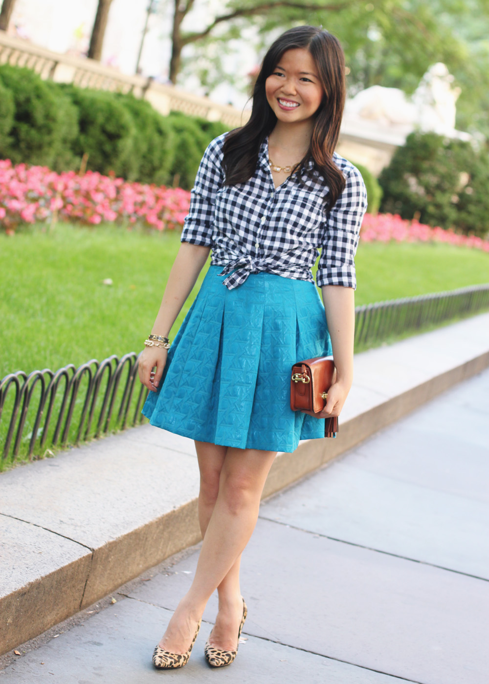 Skirt The Rules Blog; NYC fashion blogger; style blog; summer outfit photos; J.Crew Factory gingham button-up shirt; Kirna Zabete x Target turquoise skirt; C. Wonder crystal necklace; C. Wonder snakeskin skinny bangle; Brighthouse Baubles gold link bracelet; Coach Legacy brown crossbody bag; Diane von Furstenberg April leopard heels