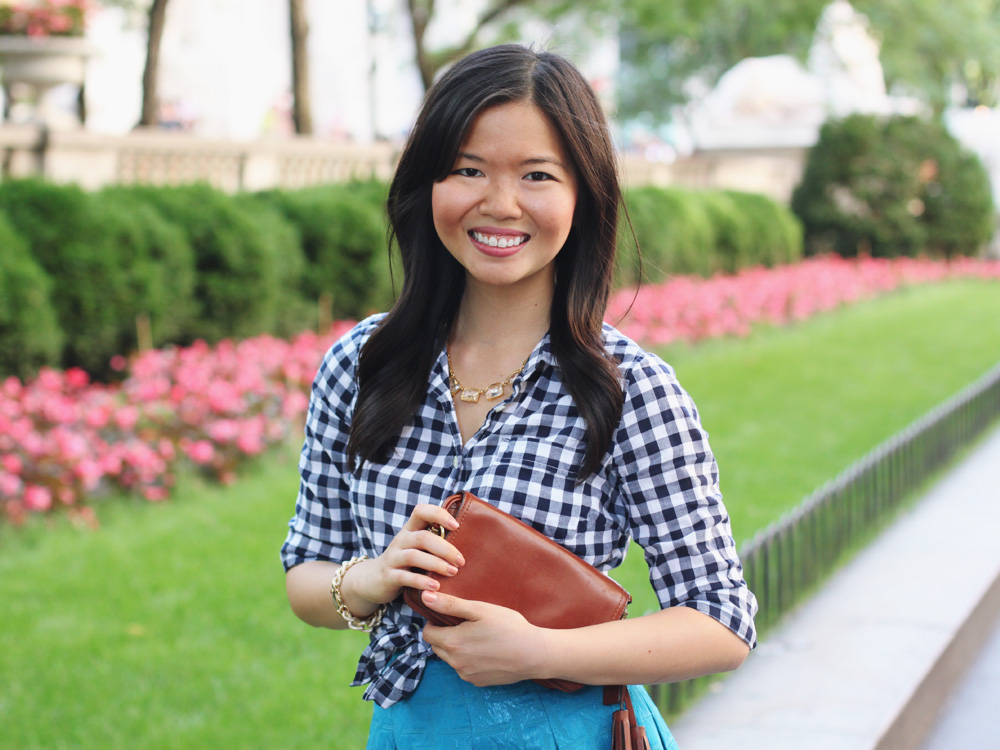 Skirt The Rules Blog; NYC fashion blogger; style blog; summer outfit photos; J.Crew Factory gingham button-up shirt; Kirna Zabete x Target turquoise skirt; C. Wonder crystal necklace; C. Wonder snakeskin skinny bangle; Brighthouse Baubles gold link bracelet; Coach Legacy brown crossbody bag; Diane von Furstenberg April leopard heels