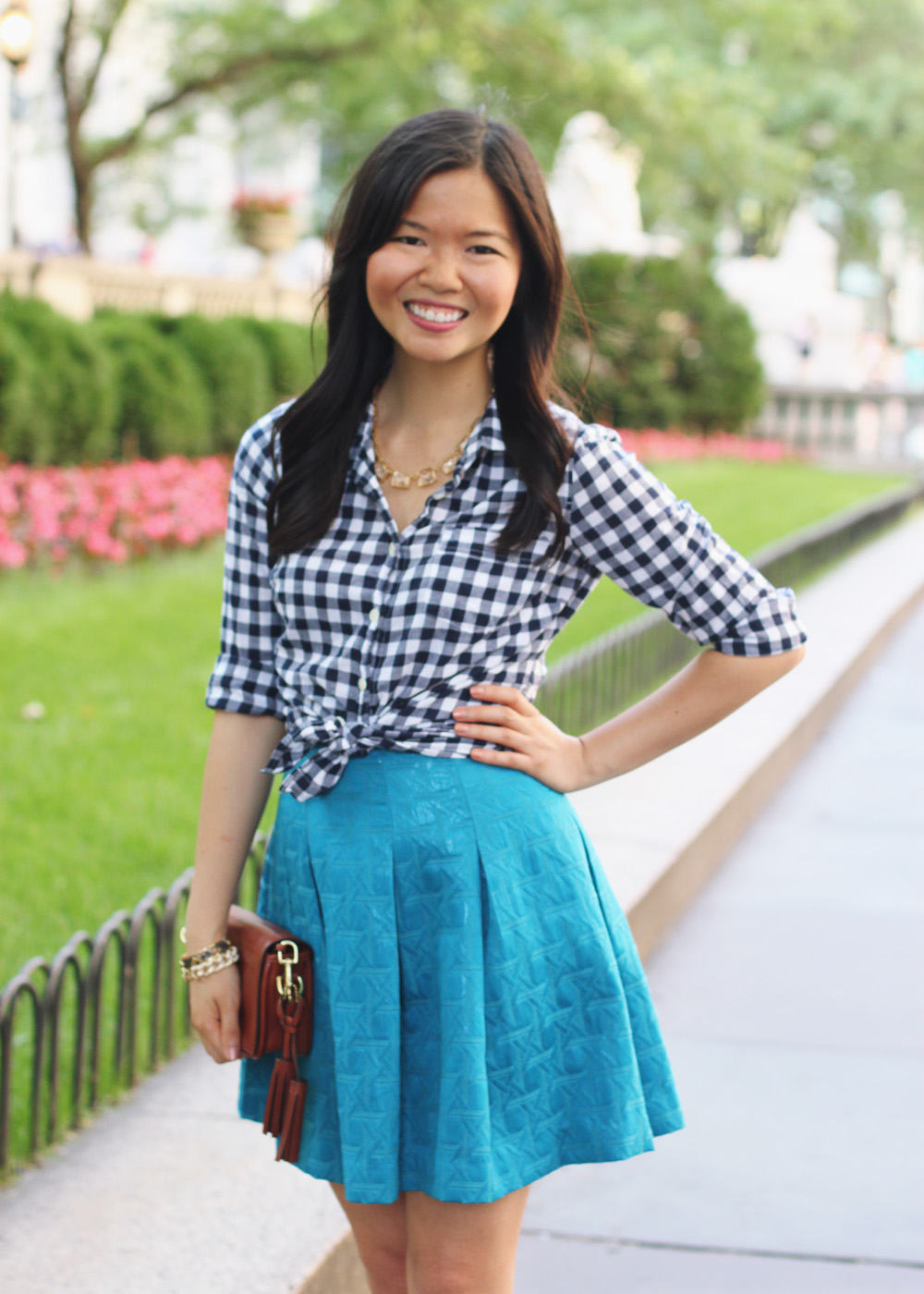 Skirt The Rules Blog; NYC fashion blogger; style blog; summer outfit photos; J.Crew Factory gingham button-up shirt; Kirna Zabete x Target turquoise skirt; C. Wonder crystal necklace; C. Wonder snakeskin skinny bangle; Brighthouse Baubles gold link bracelet; Coach Legacy brown crossbody bag; Diane von Furstenberg April leopard heels