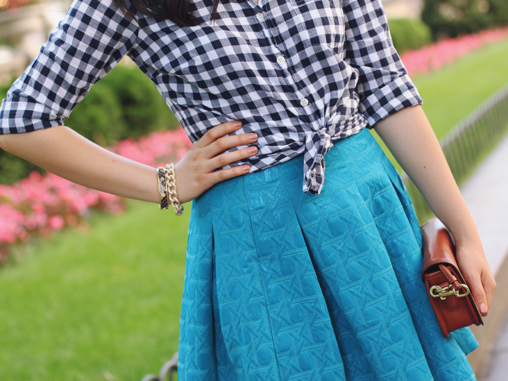 Skirt The Rules Blog; NYC fashion blogger; style blog; summer outfit photos; J.Crew Factory gingham button-up shirt; Kirna Zabete x Target turquoise skirt; C. Wonder crystal necklace; C. Wonder snakeskin skinny bangle; Brighthouse Baubles gold link bracelet; Coach Legacy brown crossbody bag; Diane von Furstenberg April leopard heels