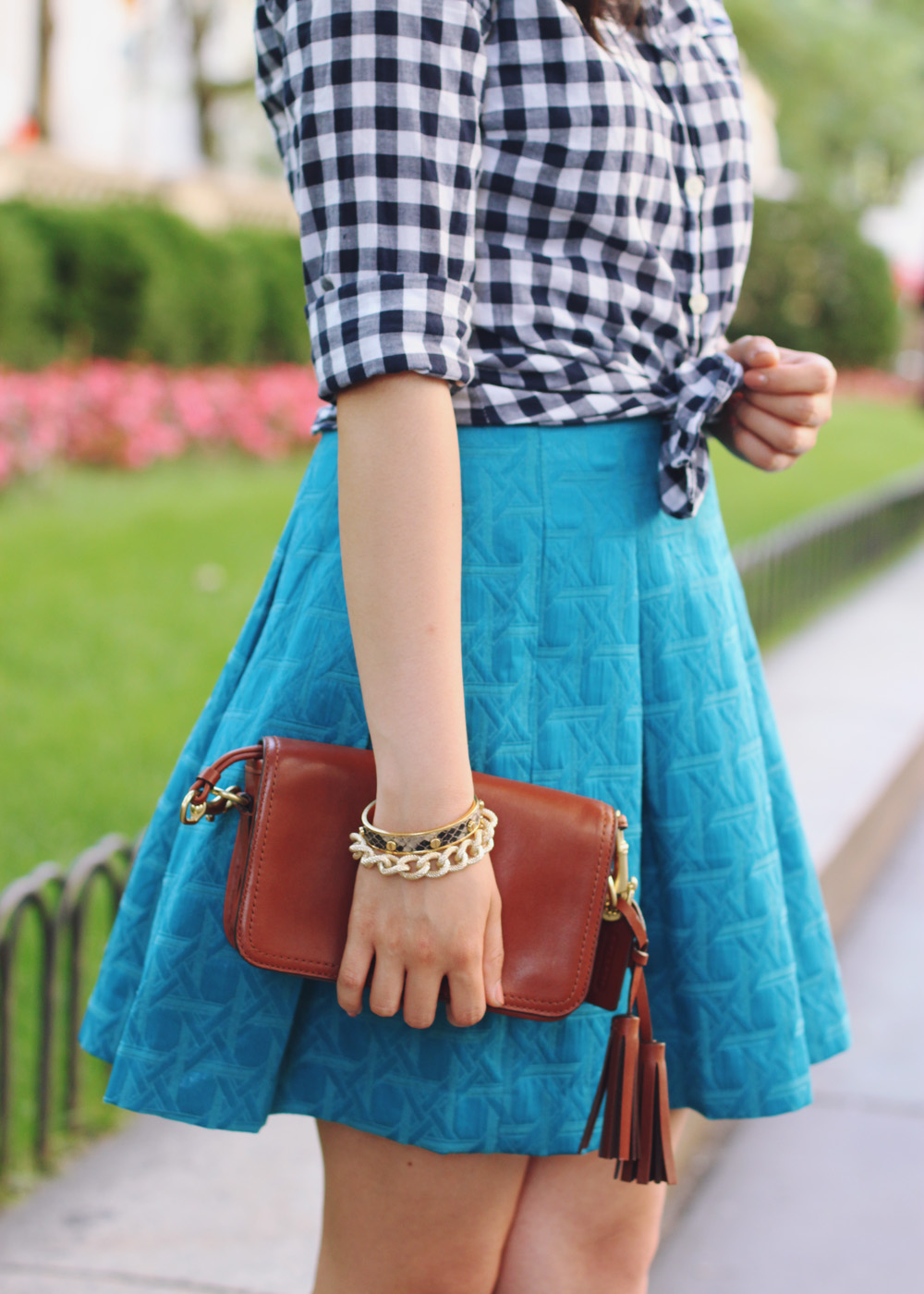 Skirt The Rules Blog; NYC fashion blogger; style blog; summer outfit photos; J.Crew Factory gingham button-up shirt; Kirna Zabete x Target turquoise skirt; C. Wonder crystal necklace; C. Wonder snakeskin skinny bangle; Brighthouse Baubles gold link bracelet; Coach Legacy brown crossbody bag; Diane von Furstenberg April leopard heels