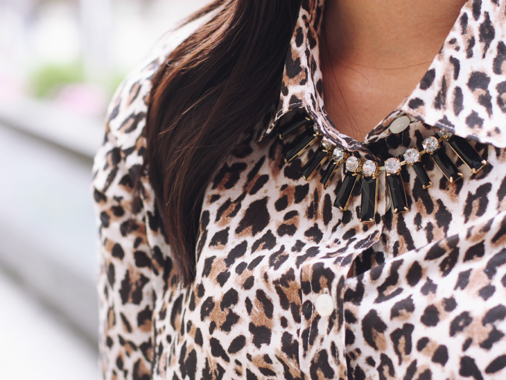 Skirt The Rules Blog; NYC fashion blogger; style blog; summer outfit photo; J.Crew leopard print button up shirt; Express white a-line skirt; T&J Designs black luxe crystal necklace; Express high waist fit and flare white skirt; Gigi New York All In One python embossed clutch; Juicy Couture pave pyramid gold cuff; Juicy Couture pave pyramid black stretch bracelet; ShoeMint Elizabeth lace up cut out heels