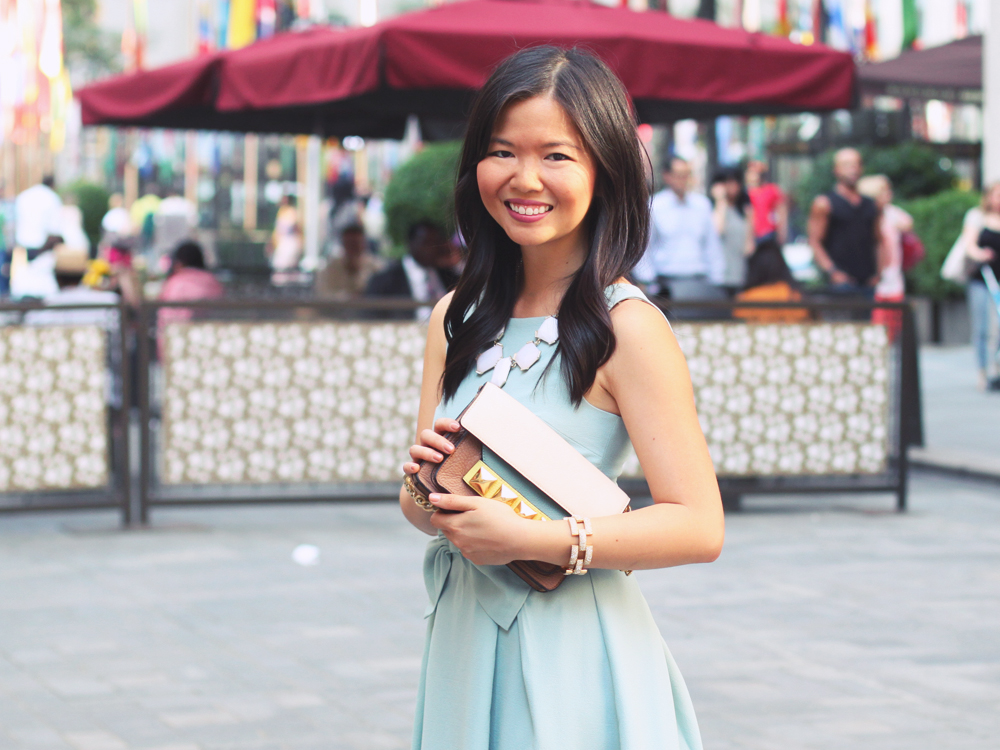 Skirt The Rules Blog; NYC fashion blogger; style blog; feminine outfit photos; Hello Glam Prim and Proper blue bow dress; Banana Republic sparkle stone white statement necklace; Linea Pelle Grayson Bar Clutch in blus; J.Crew pave square link bracelet; Michael Kors gold boyfriend watch; Brighthouse Baubles gold chain bracelet; Pour La Victoire Mai wedge pump