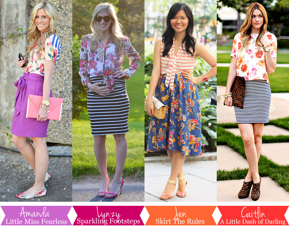 Skirt The Rules Blog; NYC Fashion Blogger; style blog; summer outfit photos; four ways to wear florals and stripes; how to mix prints; Amanda Sanchez of Little Miss Fearless; Lynzy Coughlin of Sparkling Footsteps; Caitlin Lindquist of A Little Dash of Darling
