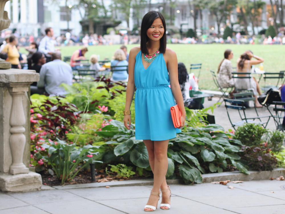 Skirt The Rules Blog; NYC fashion blog; style blog; summer outfit photos; Lulu*s Show and Tell Blue Dress; Courtney Kerr x BaubleBar neon Alaqua tribal statement necklace; CC Skye Maize geometric bracelet; C. Wonder snakeskin skinny bracelet; J.Crew Factory Vero neon rose clutch; Zara white and nude colorblock heels; Essie Play Date purple nail polish