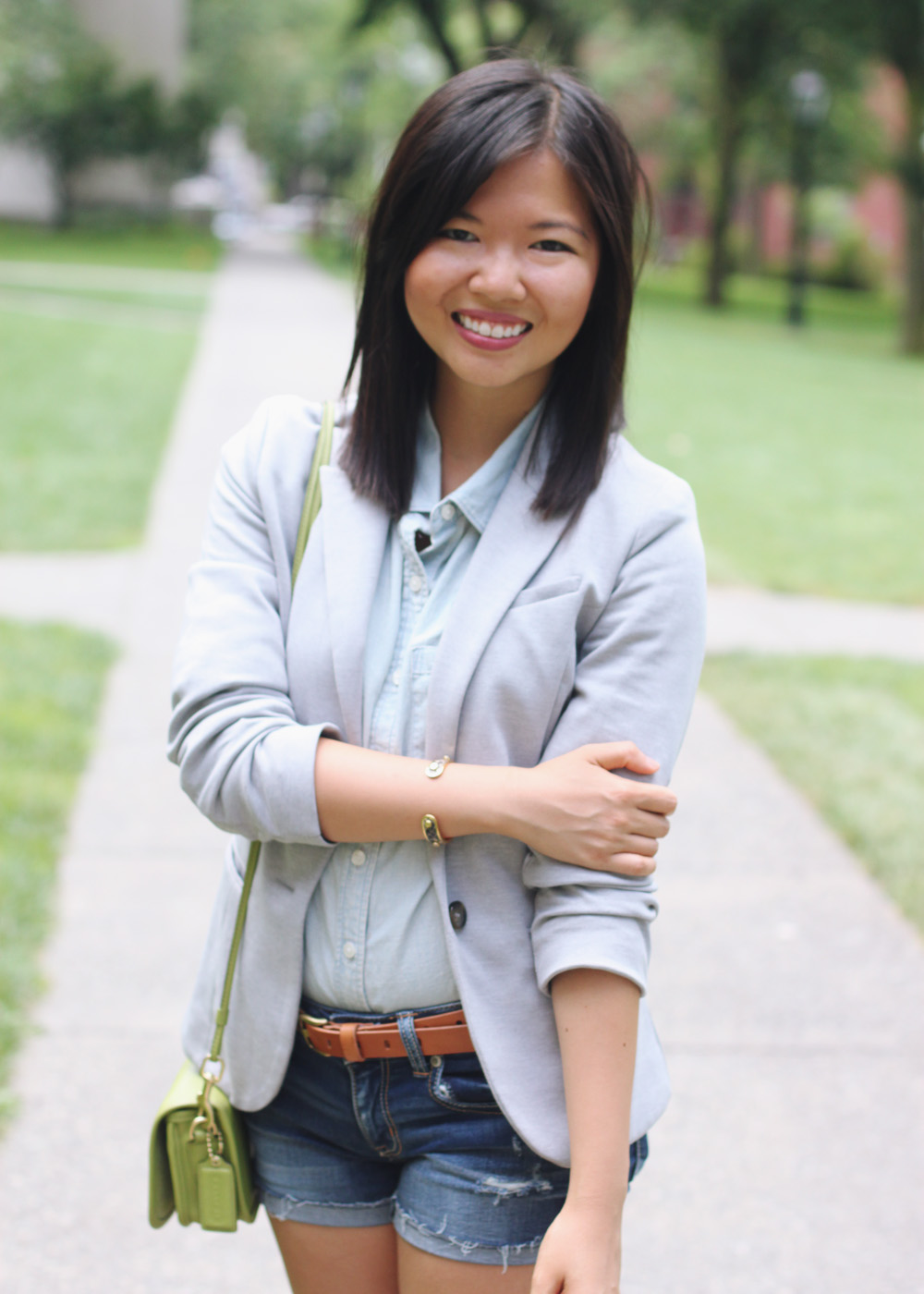 Skirt The Rules Blog; NYC fashion blogger; style blog; summer pre-fall outfit; H&M gray blazer; J.Crew light chambray blue button up shirt; American Eagle AE dark denim midi short; J.Crew cognac brown belt; Dolce Vita Helia gold chevron brown leather wedge sandals; C. Wonder snakeskin skinny bangle