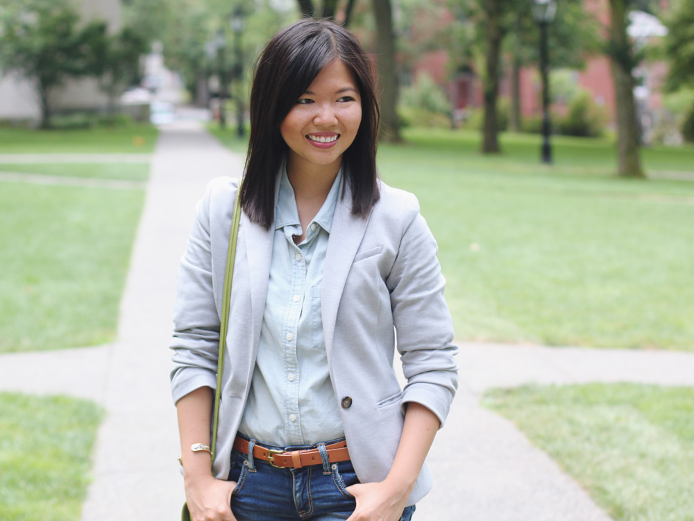Skirt The Rules Blog; NYC fashion blogger; style blog; summer pre-fall outfit; H&M gray blazer; J.Crew light chambray blue button up shirt; American Eagle AE dark denim midi short; J.Crew cognac brown belt; Dolce Vita Helia gold chevron brown leather wedge sandals; C. Wonder snakeskin skinny bangle