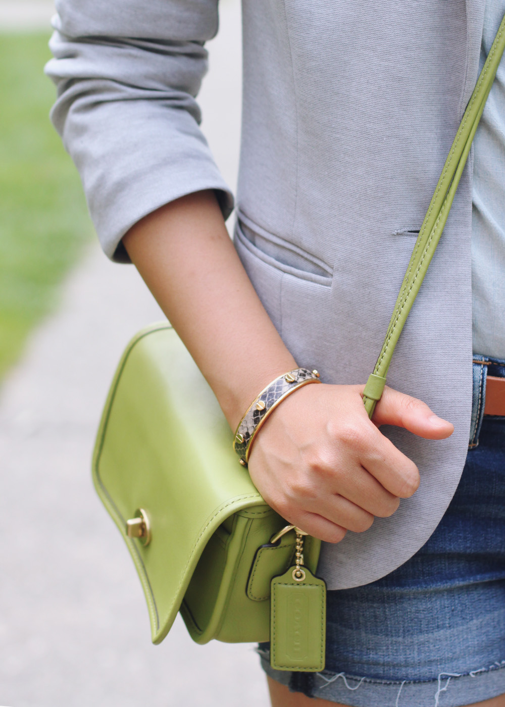 Skirt The Rules Blog; NYC fashion blogger; style blog; summer pre-fall outfit; H&M gray blazer; J.Crew light chambray blue button up shirt; American Eagle AE dark denim midi short; J.Crew cognac brown belt; Dolce Vita Helia gold chevron brown leather wedge sandals; C. Wonder snakeskin skinny bangle