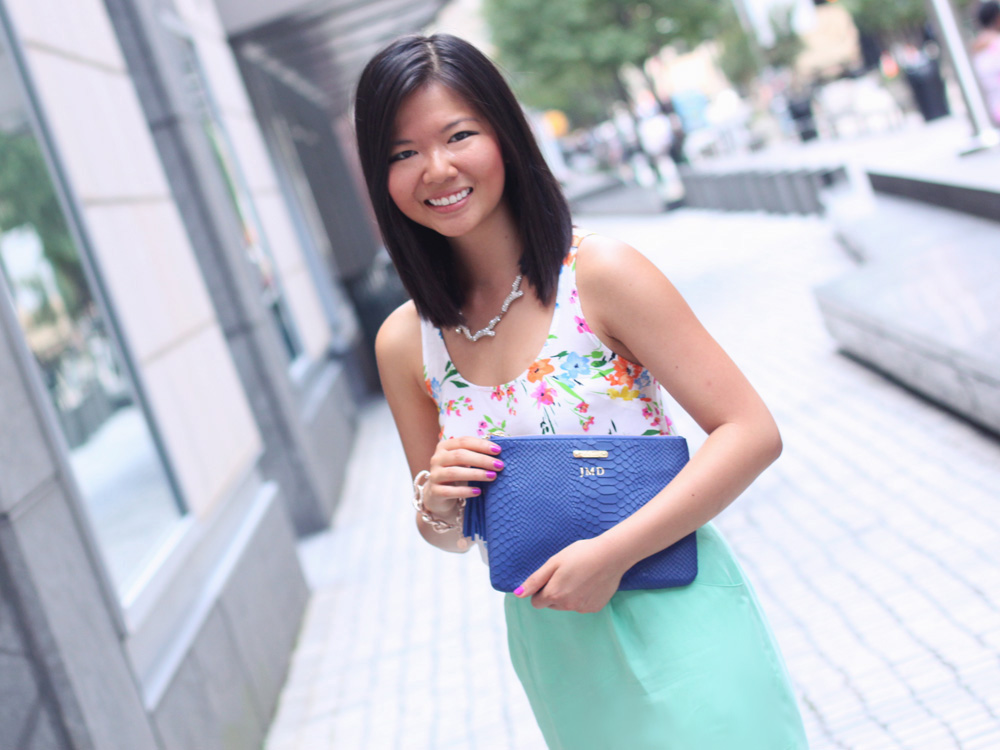 Skirt The Rules Blog; NYC fashion blogger; style blog; summer floral outfit photos; Old Navy floral tank top; Adam mint silk crepe skirt; Sequin pave branch necklace; Derng rosegold pave link bracelet; Gigi New York snake embossed All In One cobalt blue clutch; Essie's DJ Play That Song neon purple nail polish; ShoeMint Elizabeth nude lace up heels