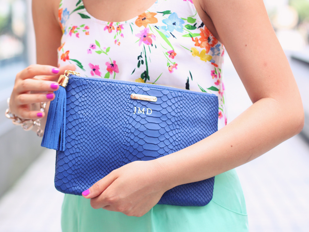 Skirt The Rules Blog; NYC fashion blogger; style blog; summer floral outfit photos; Old Navy floral tank top; Adam mint silk crepe skirt; Sequin pave branch necklace; Derng rosegold pave link bracelet; Gigi New York snake embossed All In One cobalt blue clutch; Essie's DJ Play That Song neon purple nail polish; ShoeMint Elizabeth nude lace up heels