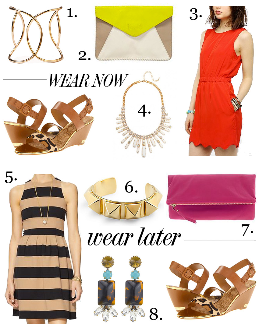Skirt The Rules Blog; NYC fashion blogger; style blog; Forever 21 Twisted Cut Out Cuff; Gap Colorblock Leather Envelope Clutch; Urban Outfitters byCORPUS Silky Scallop Hem Red Dress; BaubleBar Ivory Sunburst Bib Necklace; Sam Edelman Sutton Leopard and Cognac Strap Wedge; Piperlime Tinley Road Camel Black Striped Ponte Fit and Flare Dress; C. Wonder Pyramid Gold Stud Cuff; Banana Republic Flavia Foldover Clutch in Berry; J.Crew Crystal Color Stone Earrings