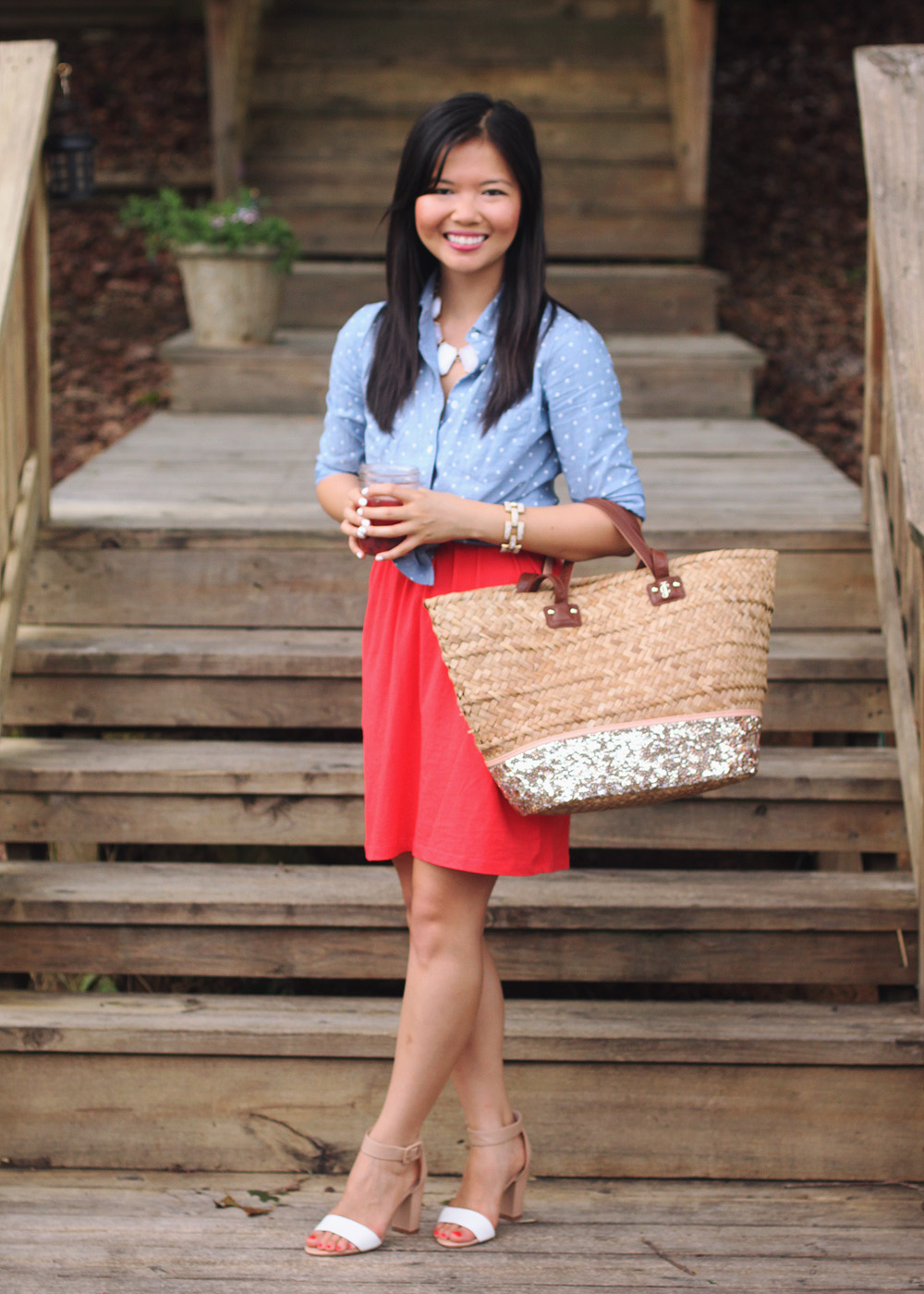 Skirt The Rules Blog; NYC fashion blogger; style blog; 4th of July outfit photo; J.Crew polka dot chambray top; Forever 21 red strapless dress; Banana Republic sparkle stone white statement necklace; J.Crew square pave link bracelet; H&M mirrored aviator sunglasses; Juicy Couture French Basket straw and sequin summer tote bag; Zara basic colorblock heel