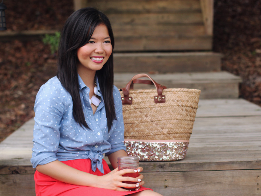 Skirt The Rules Blog; NYC fashion blogger; style blog; 4th of July outfit photo; J.Crew polka dot chambray top; Forever 21 red strapless dress; Banana Republic sparkle stone white statement necklace; J.Crew square pave link bracelet; H&M mirrored aviator sunglasses; Juicy Couture French Basket straw and sequin summer tote bag; Zara basic colorblock heel
