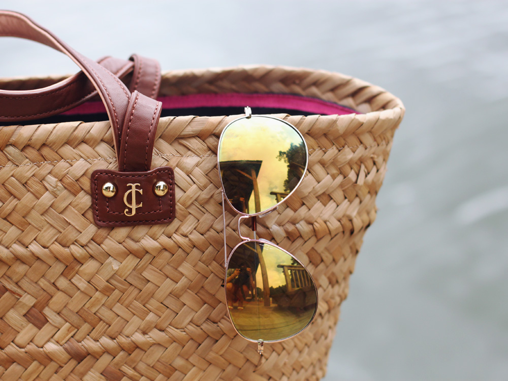 Skirt The Rules Blog; NYC fashion blogger; style blog; 4th of July outfit photo; J.Crew polka dot chambray top; Forever 21 red strapless dress; Banana Republic sparkle stone white statement necklace; J.Crew square pave link bracelet; H&M mirrored aviator sunglasses; Juicy Couture French Basket straw and sequin summer tote bag; Zara basic colorblock heel