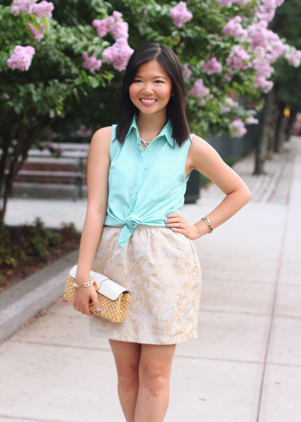 Skirt The Rules Blog; NYC fashion blogger; style blog; summer outfit photo; Tobi mint green sleeveless button up top; Forever 21 gold jacquard skirt; Sequin pave branch necklace; Brighthouse Baubles bracelet; Michael Kors white leather straw clutch; ShoeMint Elizabeth nude lace up heels