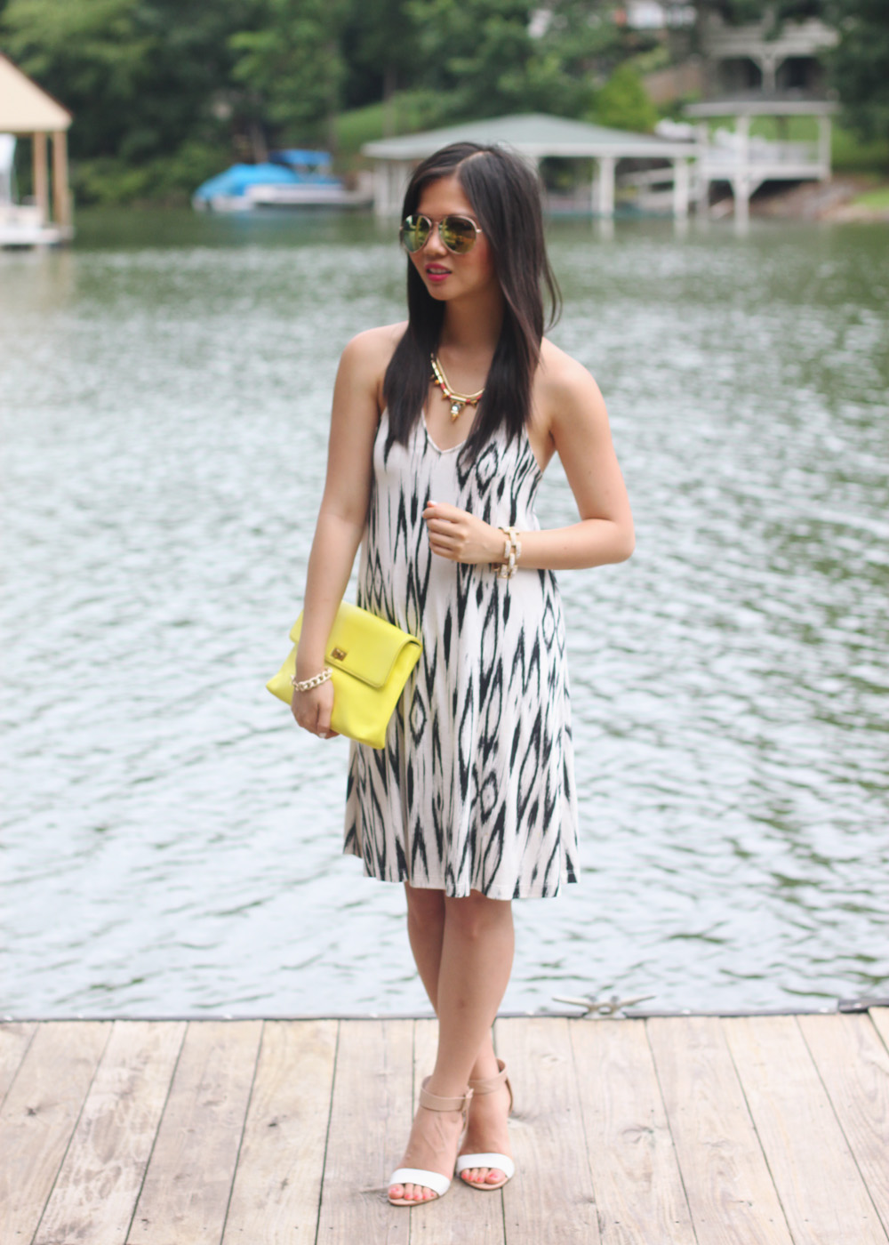 Skirt The Rules Blog; NYC fashion blogger; style blog; summer outfit photo; H&M ikat tribal summer dress; H&M mirrored aviator sunglasses; Courtney Kerr x BaubleBar Cerise Arrowhead statement necklace; Brighthouse Baubles gold link bracelet; J.Crew square pave link bracelet; Zara white beige colorblock heel