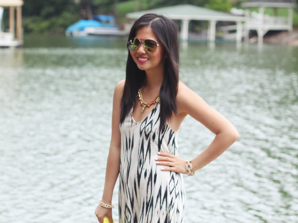 Skirt The Rules Blog; NYC fashion blogger; style blog; summer outfit photo; H&M ikat tribal summer dress; H&M mirrored aviator sunglasses; Courtney Kerr x BaubleBar Cerise Arrowhead statement necklace; Brighthouse Baubles gold link bracelet; J.Crew square pave link bracelet; Zara white beige colorblock heel