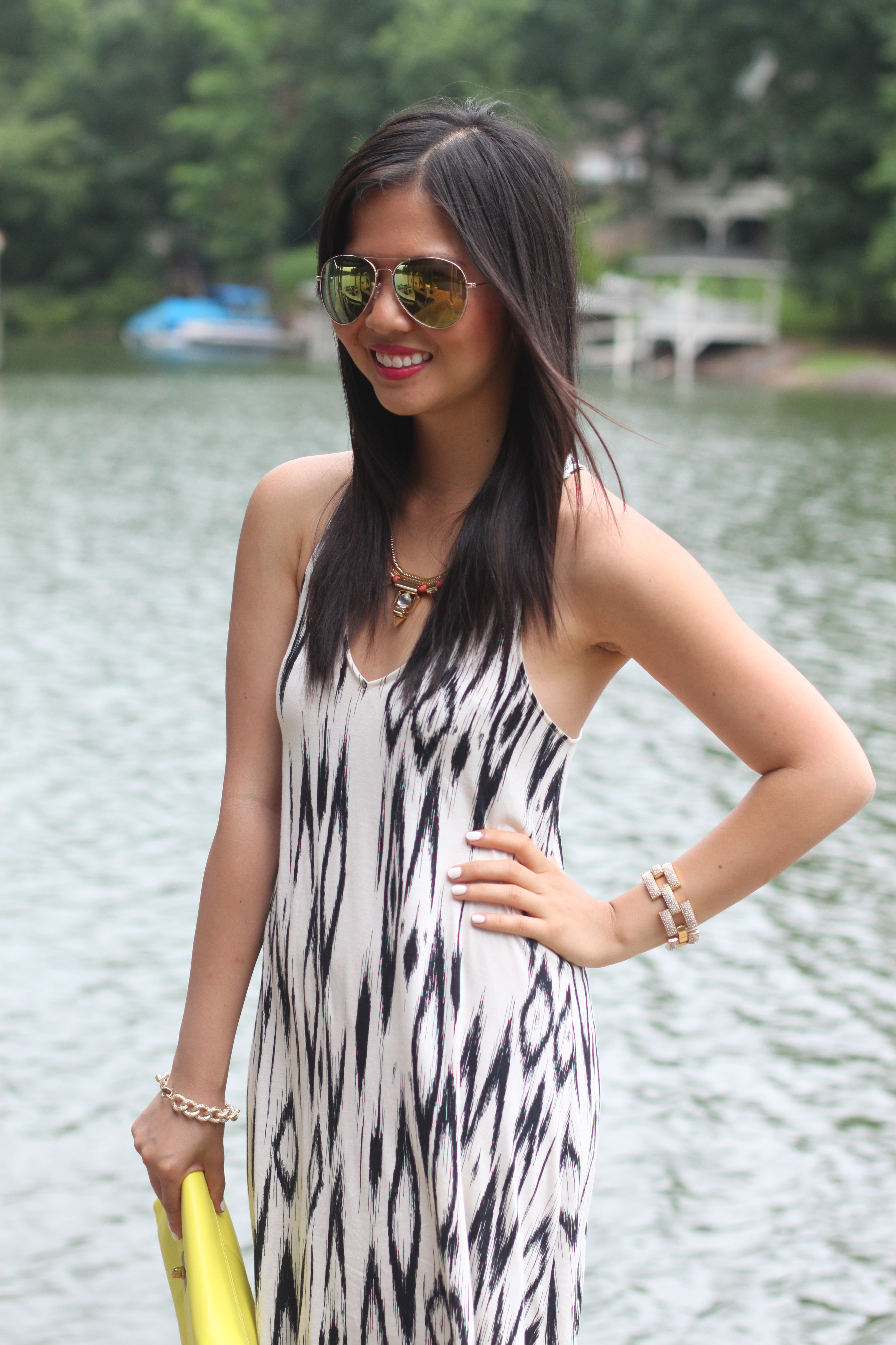 Skirt The Rules Blog; NYC fashion blogger; style blog; summer outfit photo; H&M ikat tribal summer dress; H&M mirrored aviator sunglasses; Courtney Kerr x BaubleBar Cerise Arrowhead statement necklace; Brighthouse Baubles gold link bracelet; J.Crew square pave link bracelet; Zara white beige colorblock heel