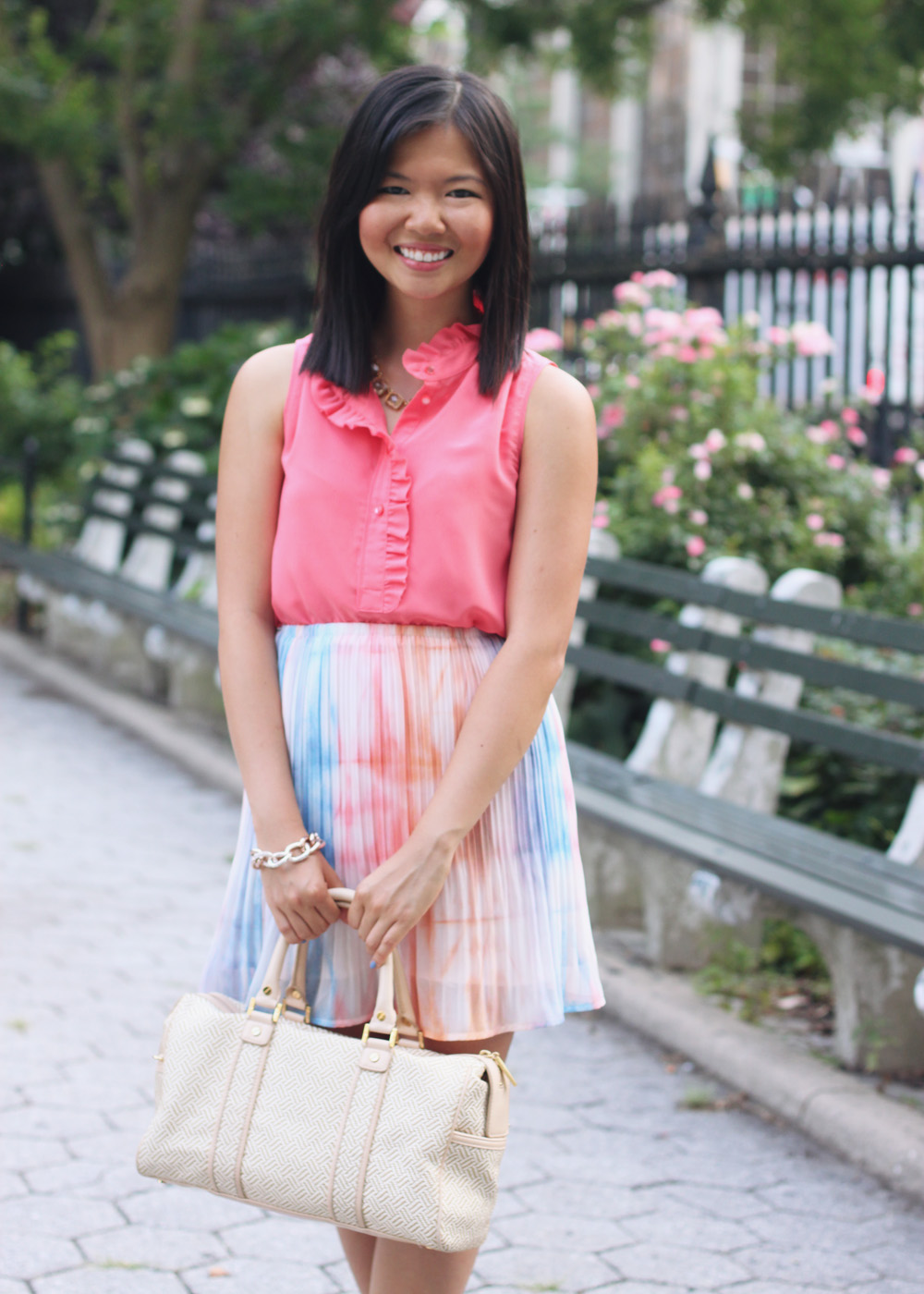 Skirt The Rules Blog; NYC fashion blogger; style blog; summer outfit photos; J.Crew Factory coral sleeveless blouse; Gentle Fawn Society pastel pleated skirt; Tory Burch straw summer satchel bag; C. Wonder crystal necklace; Derng rosegold pave link bracelet; Zara white nude colorblock heels