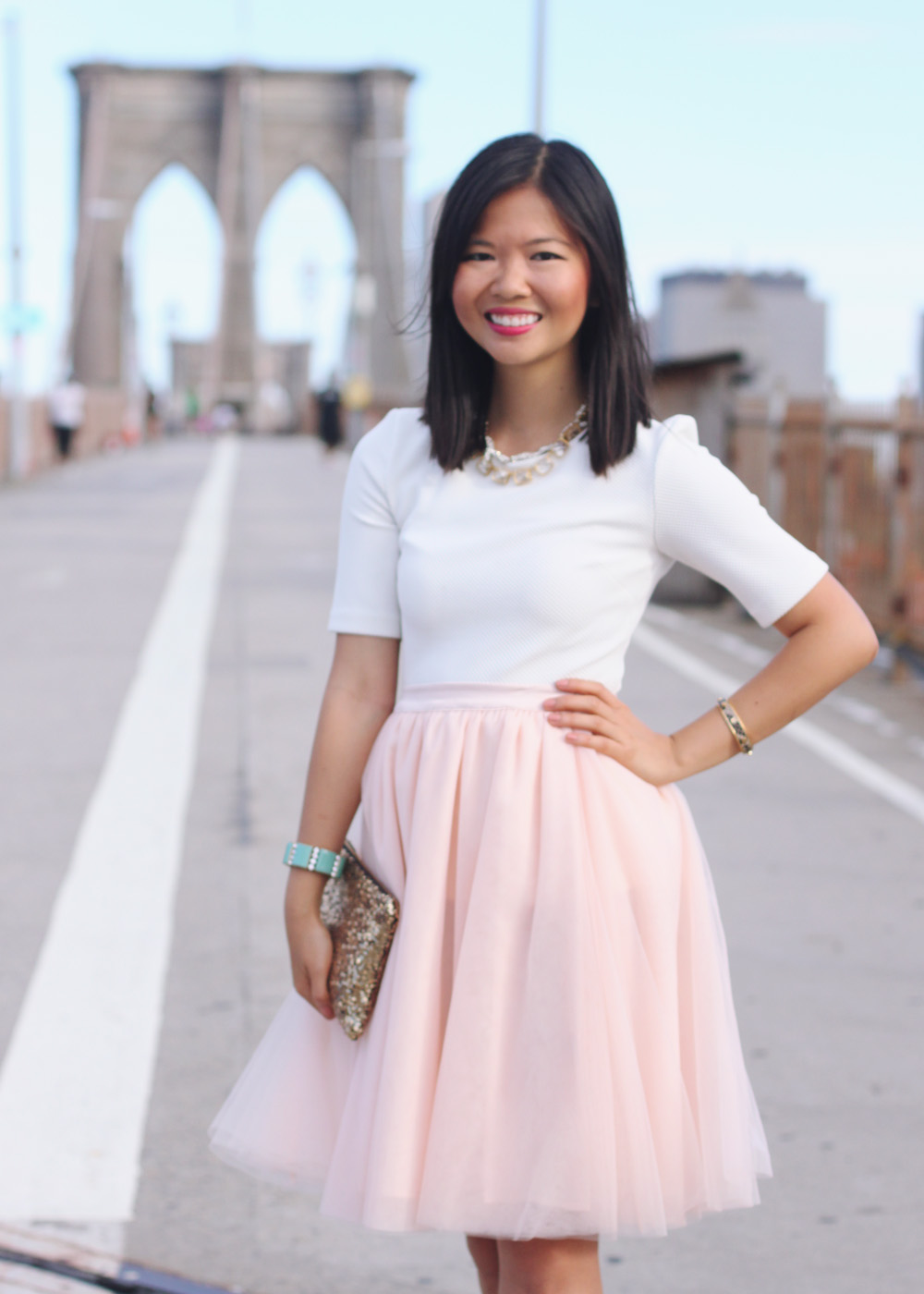 Skirt The Rules Blog; NYC fashion blogger; style blog; summer outfit photo; H&M textured peplum top; L.Mae Ballerina Tulle Skirt; C. Wonder crystal gold necklace; Sequin pave branch necklace; J.Crew turquoise stretch bracelet; C. Wonder snakeskin skinny cuff; Hello Fab gold glam sequin clutch; ShoeMint Elizabeth lace up nude heels