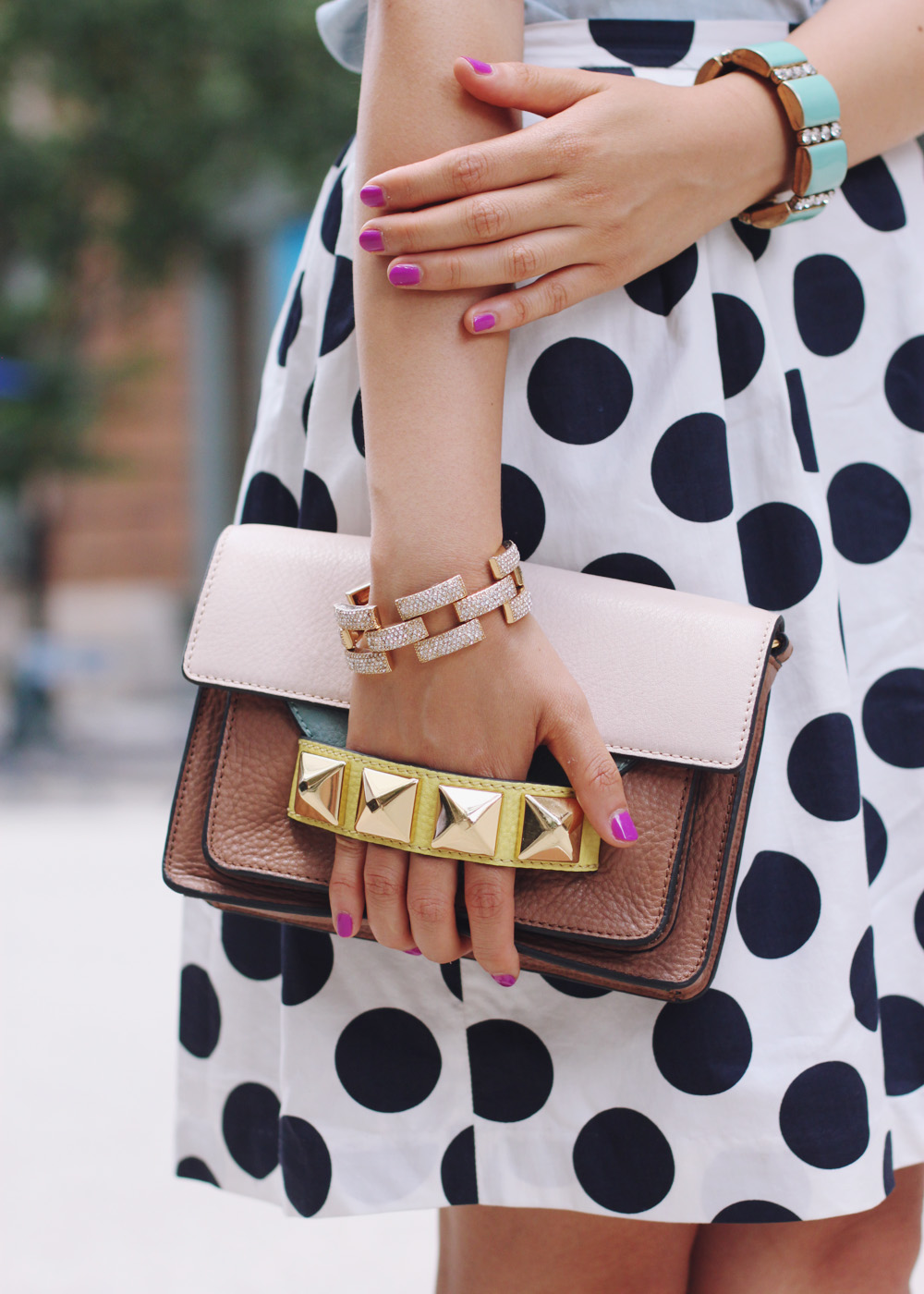 Skirt The Rules Blog; NYC fashion blogger; style blog; summer outfit photos; H&M chambray sleeveless button up top; J.Crew Kids Crew Cuts polka dot skirt; C. Wonder crystal necklace; Linea Pelle Grayson Bar Clutch; J.Crew turquoise stretch bracelet; J.Crew square pave link bracelet; Zara white beige colorblock heels