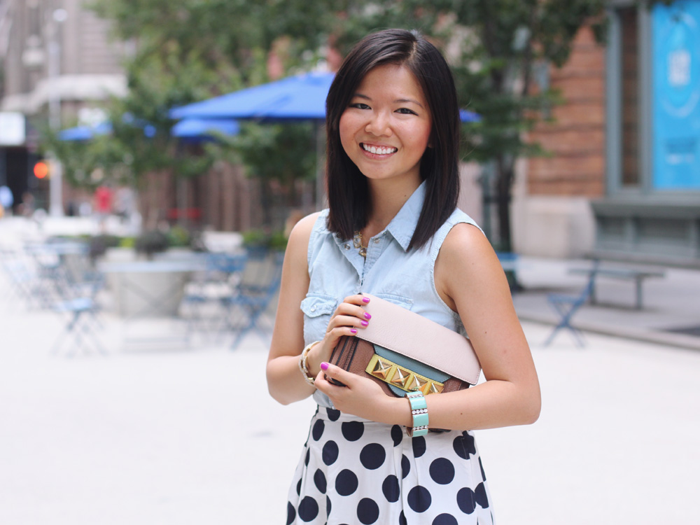 Skirt The Rules Blog; NYC fashion blogger; style blog; summer outfit photos; H&M chambray sleeveless button up top; J.Crew Kids Crew Cuts polka dot skirt; C. Wonder crystal necklace; Linea Pelle Grayson Bar Clutch; J.Crew turquoise stretch bracelet; J.Crew square pave link bracelet; Zara white beige colorblock heels