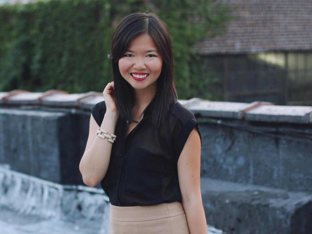 Skirt The Rules Blog; NYC fashion blogger; style blog; fall outfit photo; Gentle Fawn Germain black sheer top; Express camel mini skirt; BaubleBar bronze geometric necklace; J.Crew square pave link bracelet; Tory Burch Robinson black satchel bag; Diane Von Furstenberg DVF April leopard calf hair pump